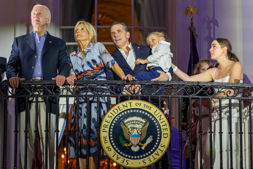 U.S. President Joe Biden, first lady Jill Biden, Hunter Biden holding Beau Biden and Naomi Biden watch fireworks on the South Lawn of the White House on July 04, 2023 in Washington, DC