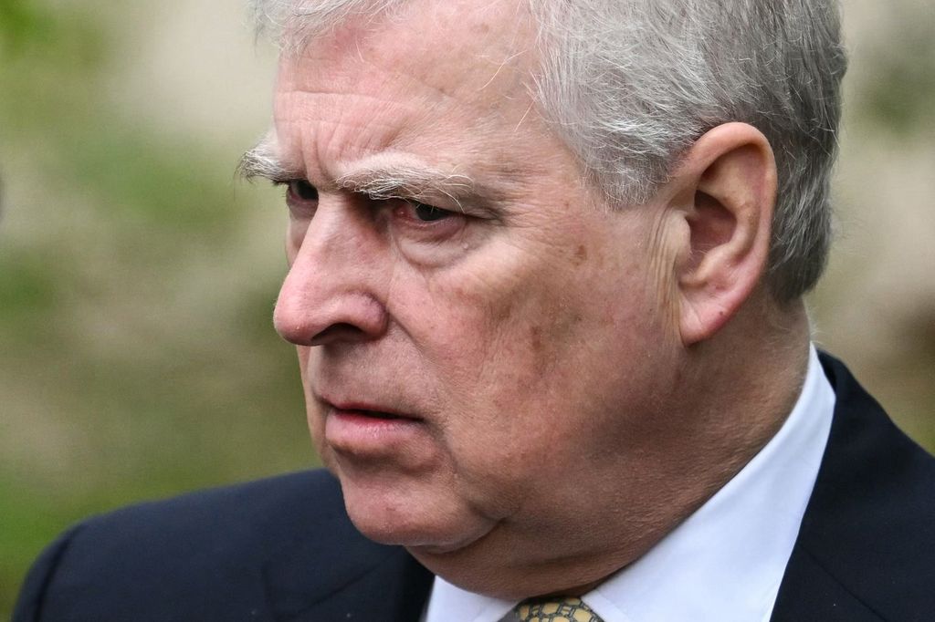 Britain's Prince Andrew, Duke of York reacts as he leaves St. George's Chapel, in Windsor Castle, after attending the Easter Mattins Service, on March 31, 2024