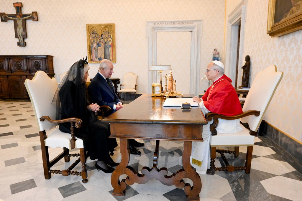 The King and Queen seated during an audience with Pope Leo XIV