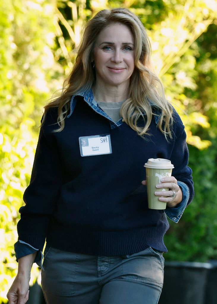 Financial reporter Becky Quick walks to lunch at the Allen & Company Sun Valley Conference on July 10, 2025 in Sun Valley, Idaho