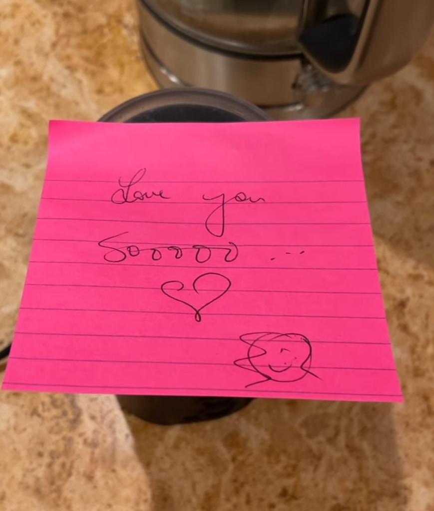 Photo shared by Kevin Bacon on Instagram of a note Kyra Sedgwick left him on their coffee bean grinder