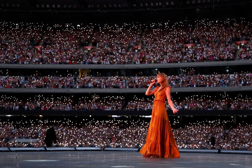 MELBOURNE, AUSTRALIA - FEBRUARY 16: EDITORIAL USE ONLY. NO BOOK COVERS Taylor Swift performs at Melbourne Cricket Ground on February 16, 2024 in Melbourne, Australia. (Photo by Graham Denholm/TAS24/Getty Images for TAS Rights Management)