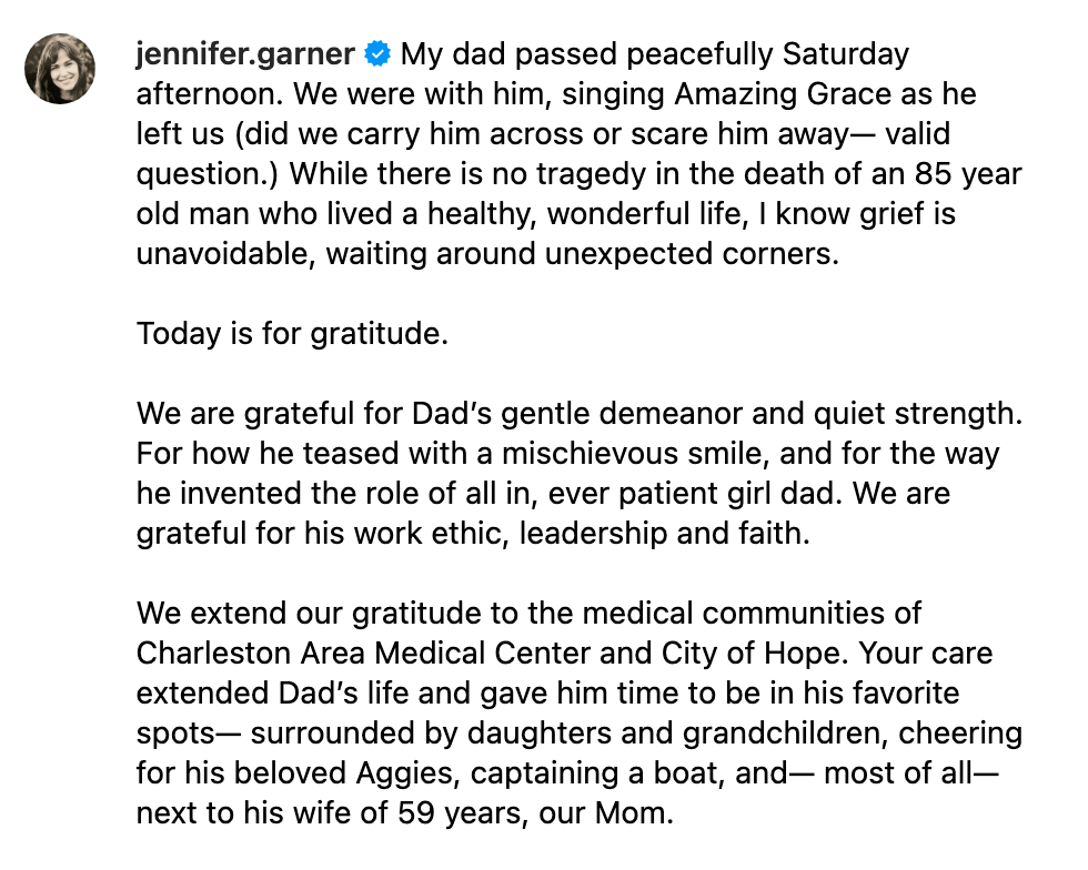Jennifer Garner's children were with their beloved grandfather when he passed away