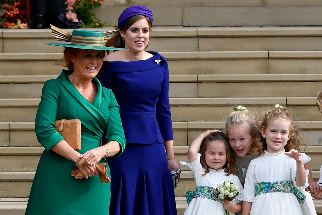 Sarah Ferguson, Princess Beatrice and Princess Charlotte at Princess Eugenie's wedding, 2018