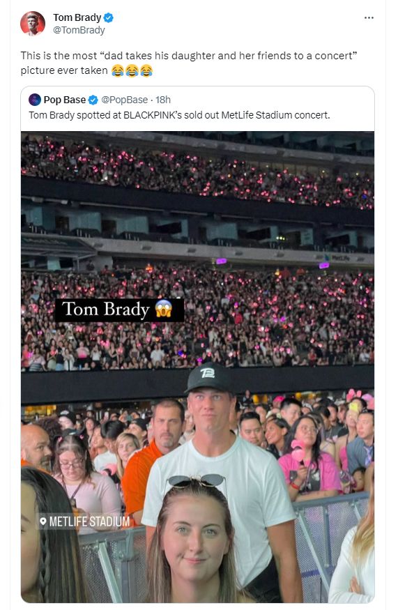 Screengrab of Tom Brady's tweet showing footballer standing looing unimpressed at a Blackpink concert