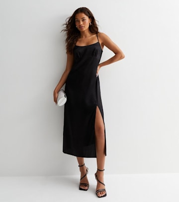 Petite Black Jacquard Animal Print Satin Strappy Midi Dress