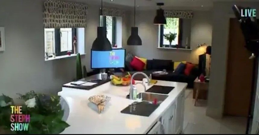 white kitchen island with television screen pendant lights and colourful sofa in background