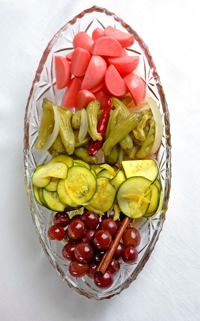 Pickles: Relish dish as photographed in the LA Times photo studio in Los Angeles Wednesday, July 09, 2008. (Top to bottom; quick radish pickles, quick pickled peppers, zuni cafe zucchini pickles, and pickled grapes).  (Photo by Richard Hartog/Los Angeles Times via Getty Images)