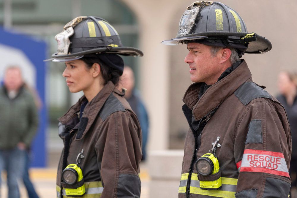 Miranda Rae Mayo as Stella Kidd, Taylor Kinney as Kelly Severide in Chicago Fire