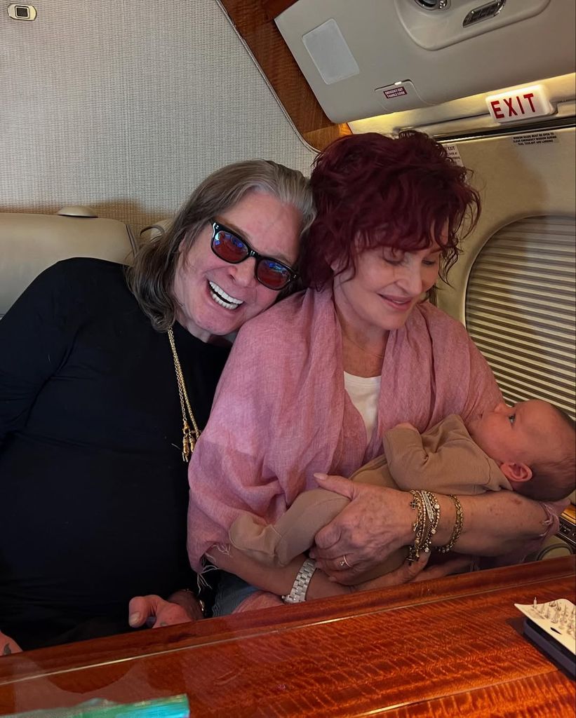 Ozzy and Sharon Osbourne dote over their youngest grandchild on a private jet, shared on Instagram