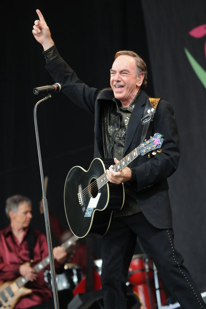 Neil Diamond performs on the Pyramid stage during day three of the Glastonbury Festival at Worthy Farm, Pilton on June 29, 2008 
