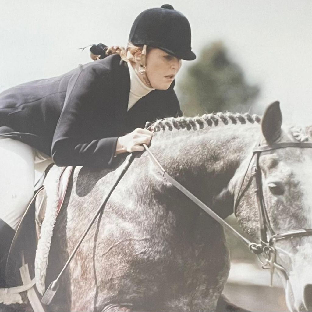 Sarah Ferguson wearing riding helmet on a horse