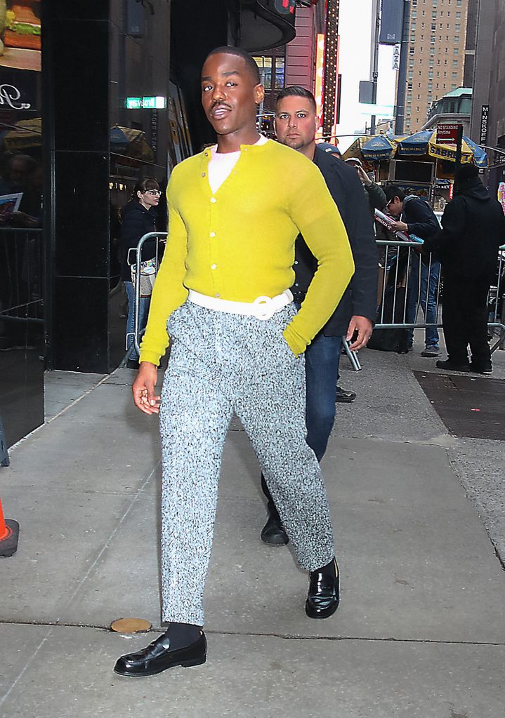 Ncuti Gatwa is seen arriving at 'Good Morning America' on April 30, 2024 in New York City.