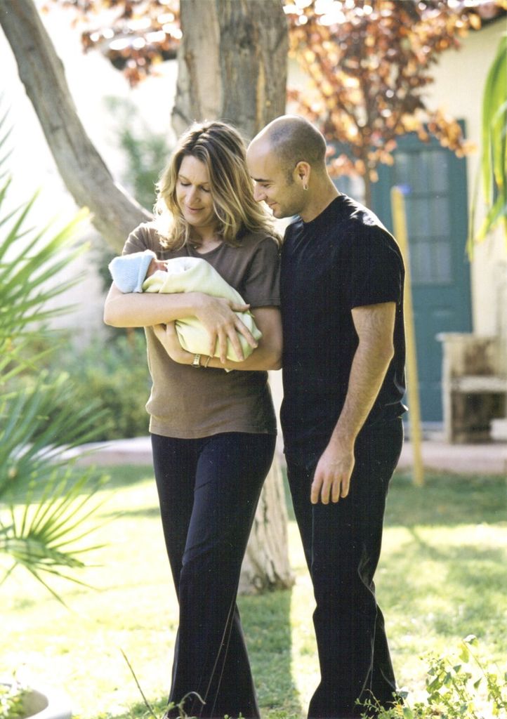 Tennis players Andre Agassi and Steffi Graf hold their new son Jaden Gil October 27, 2001 in Las Vegas, NV. Their baby weighed five pounds fourteen ounces when born October 26, 2001 at a Las Vegas hospital arriving three weeks prematurely. (Photo courtesy of Agassi Enterprises Inc./Getty Images)