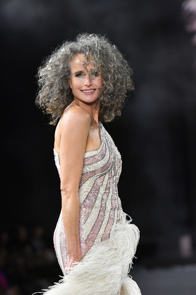 andie macdowell with curly gray hair