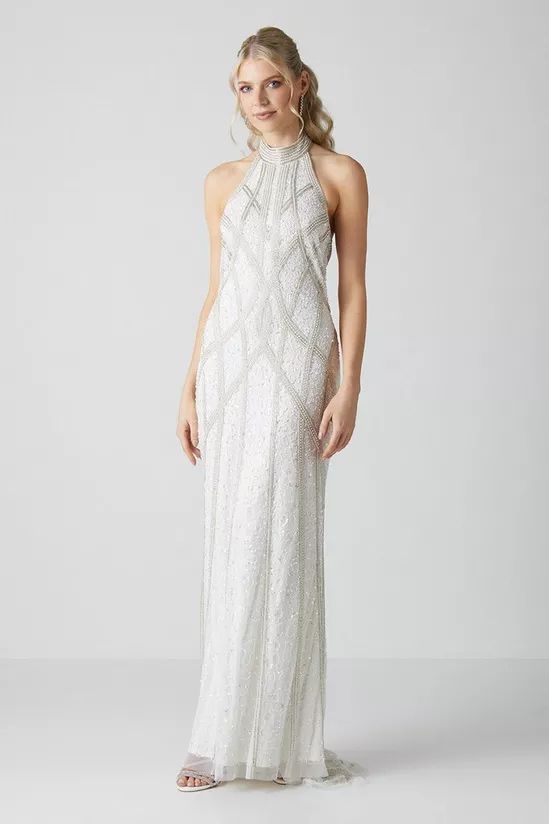 Coast Halterneck Contour Pearl Embellished Fishtail Wedding Dress