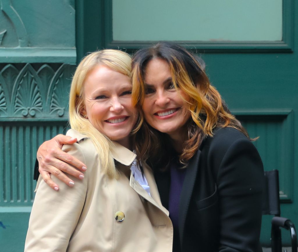 Kelli Giddish and Mariska Hargitay are seen at the film set of the 'Law and Order: Special Victims Unit' on April 17, 2023 in New York City