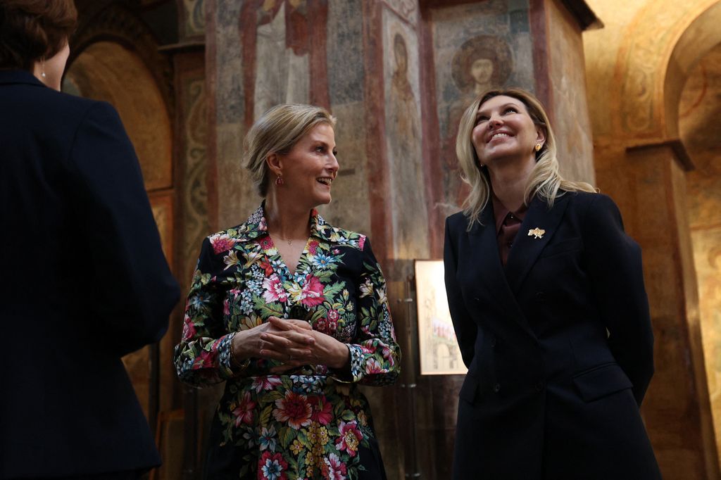 Duchess of Edinburgh Sophie (L) with the First Lady of Ukraine Olena Zelenska (R) visit the Saint Sophia Cathedral in Kyiv on April 29, 2024 amid the Russian invasion of Ukraine. The visit, to demonstrate solidarity with the women, men and children impacted by the war, is a continuation of her work to champion survivors of conflict related sexual violence.