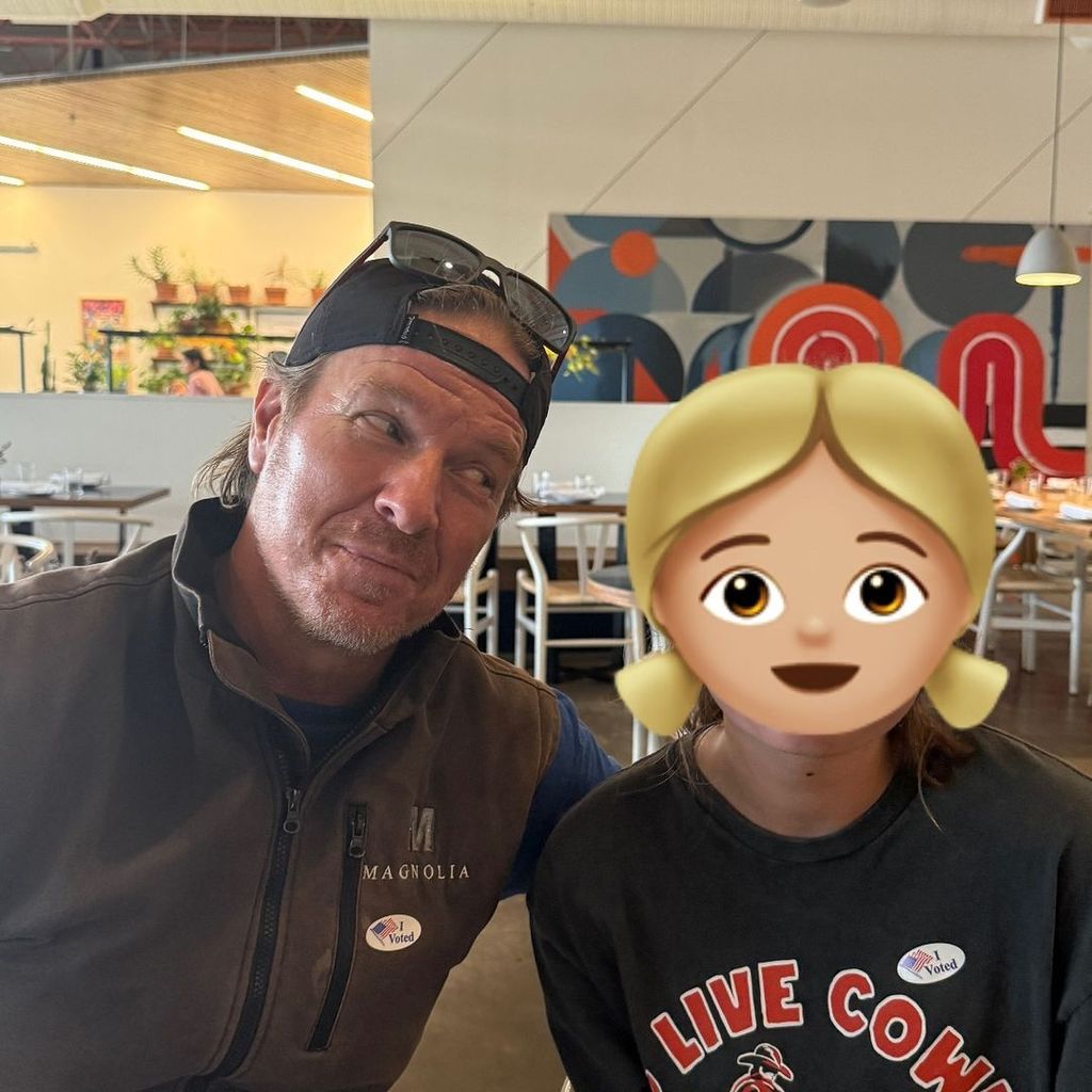 Chip Gaines sits beside his daughter Ella Gaines after she casts her first vote as an adult in a photo shared on Instagram