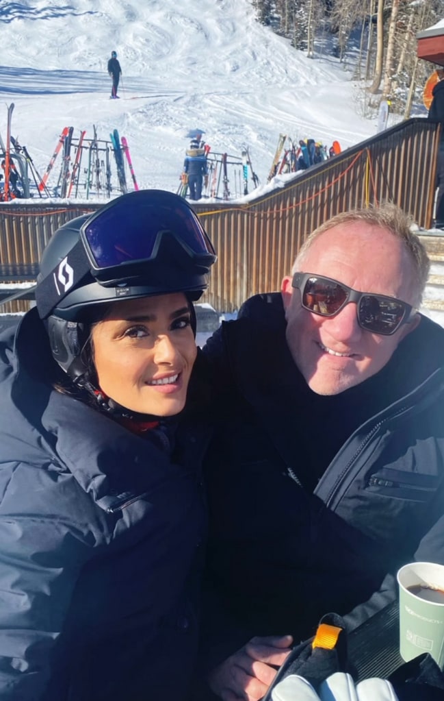 Photo shared by Salma Hayek on Instagram January 2024, where she is posing with her husband François-Henri Pinault during a trip to Aspen, Colorado