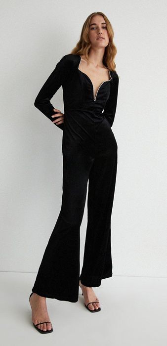 womens black diamante trim plunge corset velvet jumpsuit