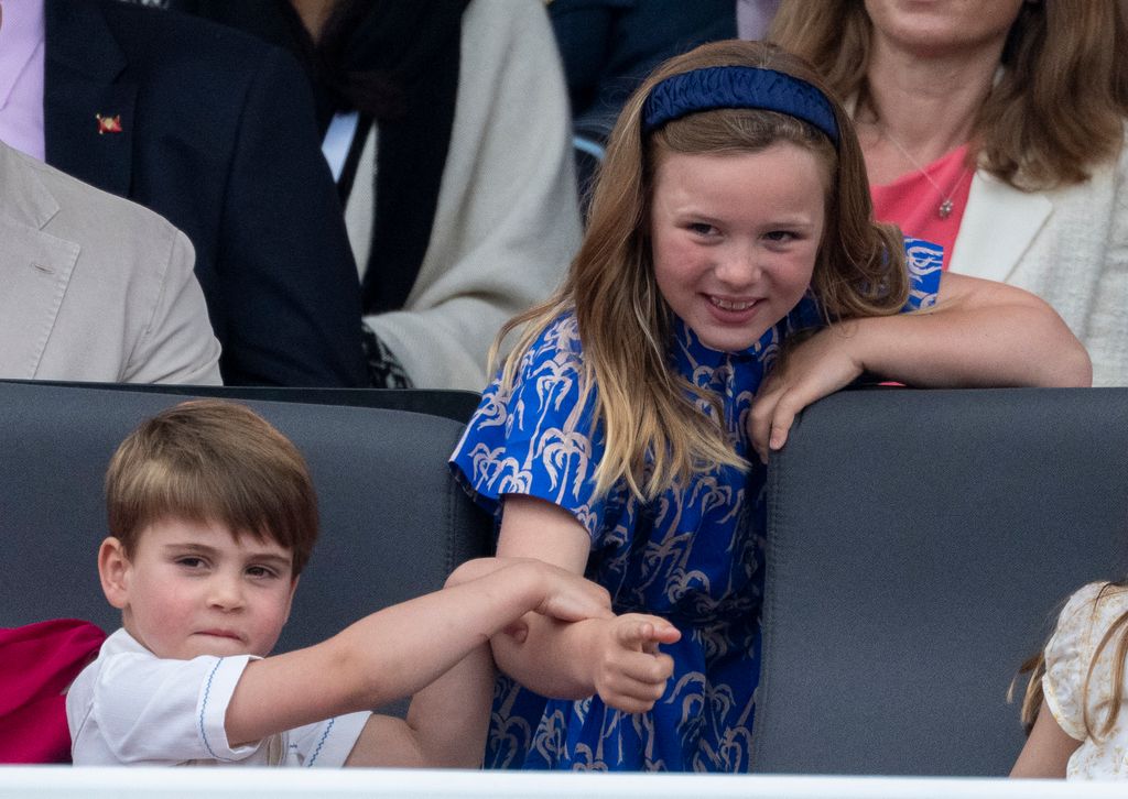 LONDON, ENGLAND - JUNE 05:  Prince Louis of Cambridge and Mia Tindall attend the Platinum Pageant on The Mall on June 5, 2022 in London, England. The Platinum Jubilee of Elizabeth II is being celebrated from June 2 to June 5, 2022, in the UK and Commonwealth to mark the 70th anniversary of the accession of Queen Elizabeth II on 6 February 1952. (Photo by Mark Cuthbert/UK Press via Getty Images)