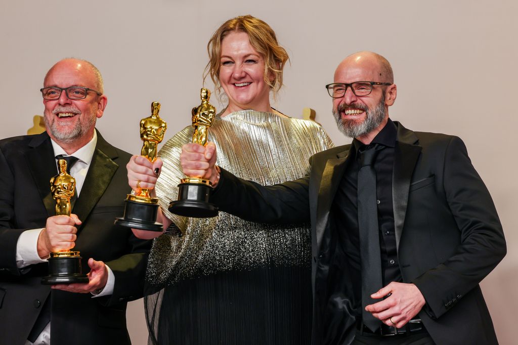  Mark Coulier, Nadia Stacey, and Josh Weston, winners of the Best Makeup and Hairstyling award for Poor Things