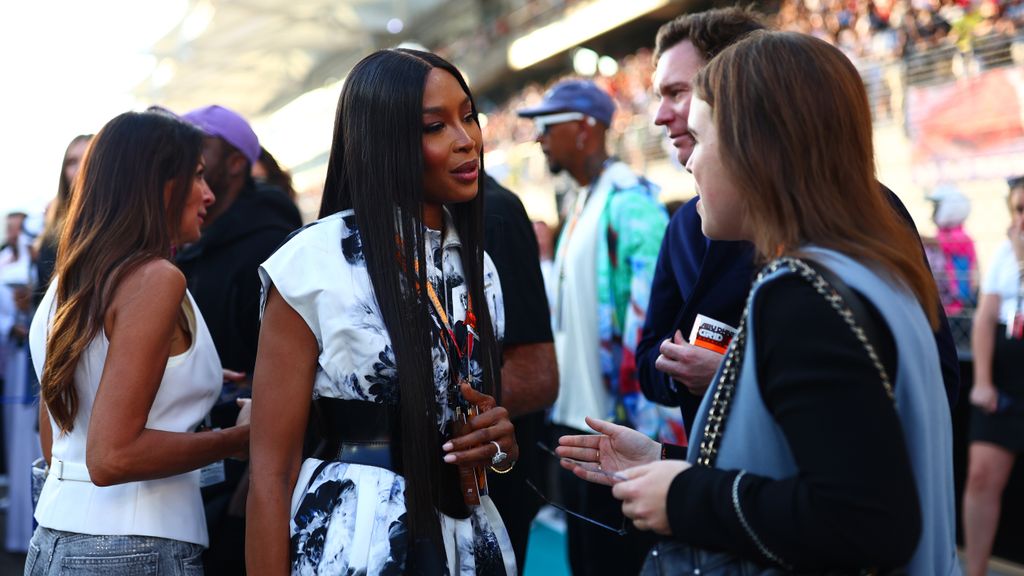 Naomi Campbell talks with Princess Eugenie on the grid prior to the F1 Grand Prix of Abu Dhabi 