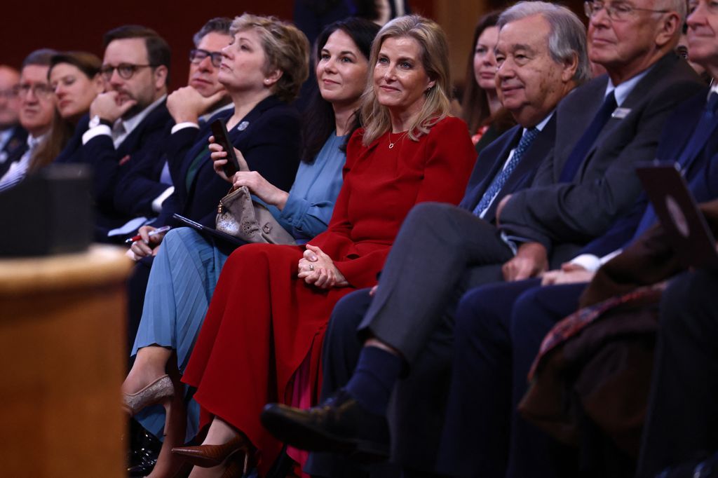 Britain's Sophie, Duchess of Edinburgh (C) attends the UNA-UK conference to mark the 80th anniversary of the founding of the UN, at Methodist Central Hall, the site of the inaugural UN General Assembly, in London on January 17, 2026.
