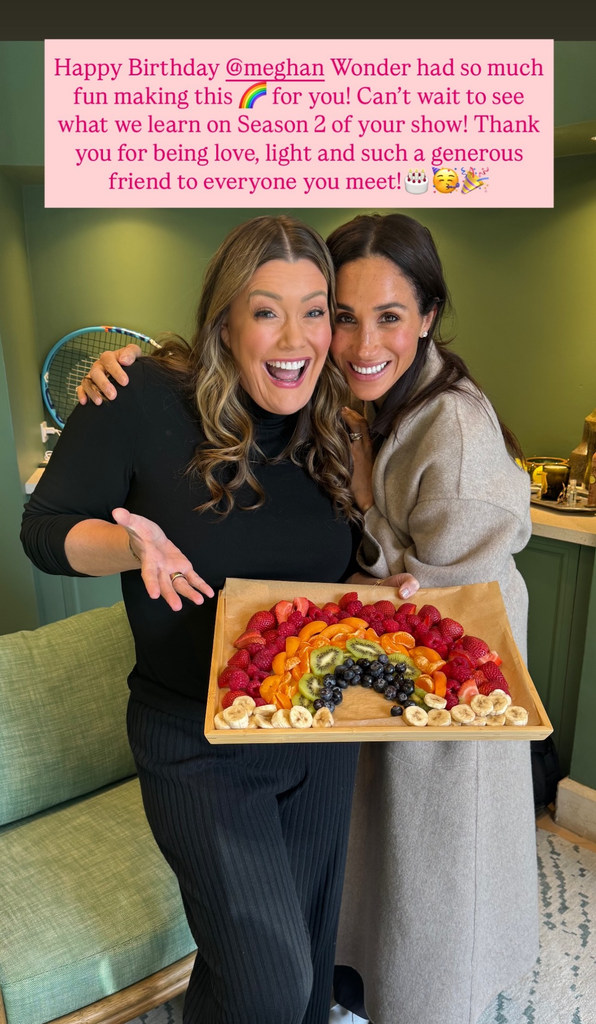 Jamie kern lima holding fruit rainbow beside meghan markle