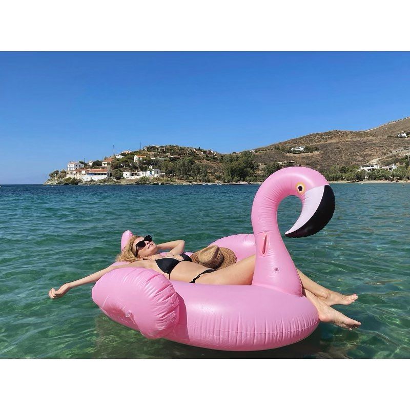 heather graham black bikini on inflatable flamingo