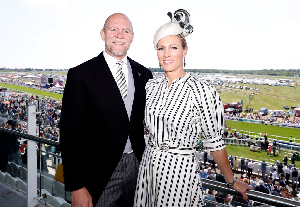 Mike and Zara Tindall pose for a photo on Derby Day of the 2023 Derby Festival at Epsom Downs Racecourse