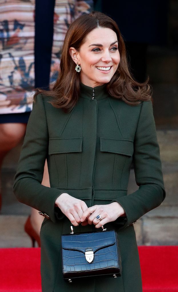 Duchess of Cambridge wearing Aspinal of London Midi Mayfair during a visit to City Hall in Bradford's Centenary Square in 2020