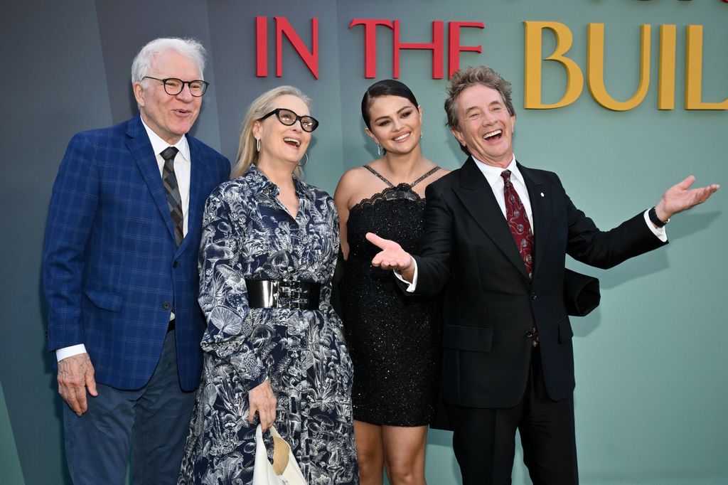 Steve Martin, Meryl Streep, Selena Gomez and Martin Short at the Season 4 premiere of Hulu's "Only Murders In The Building" at Paramount Studios on August 22, 2024 in Los Angeles, California