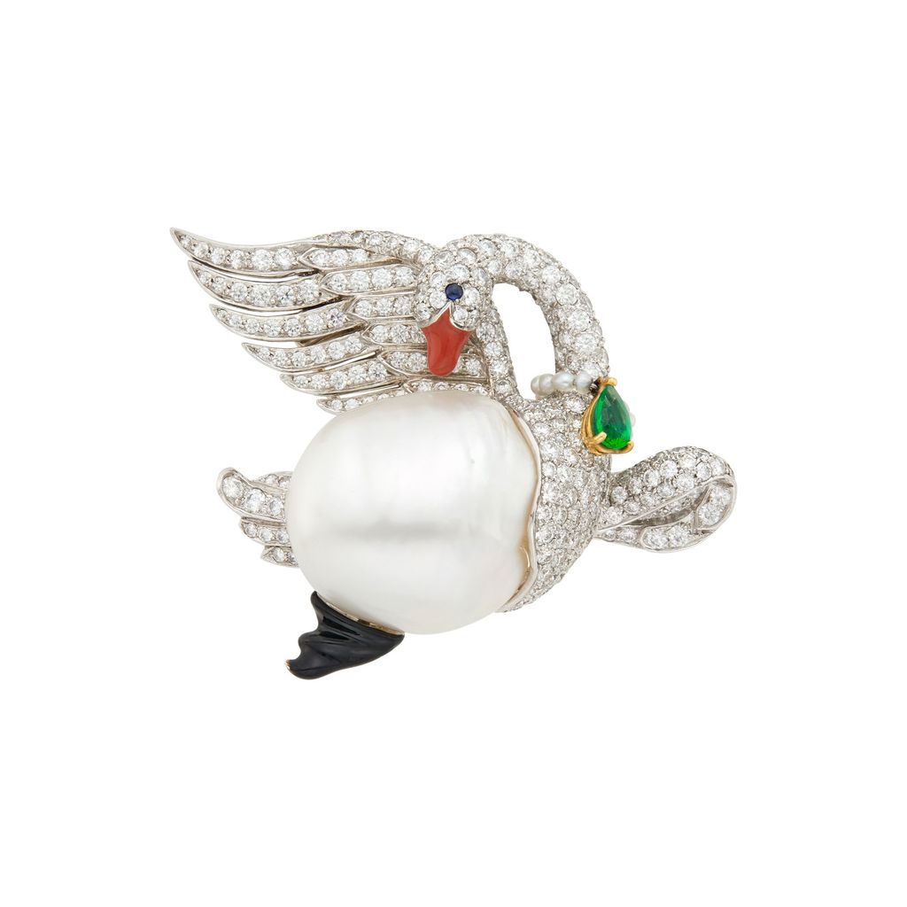 A Gold, Baroque Cultured Pearl, Diamond, Emerald and Enamel Swan Brooch