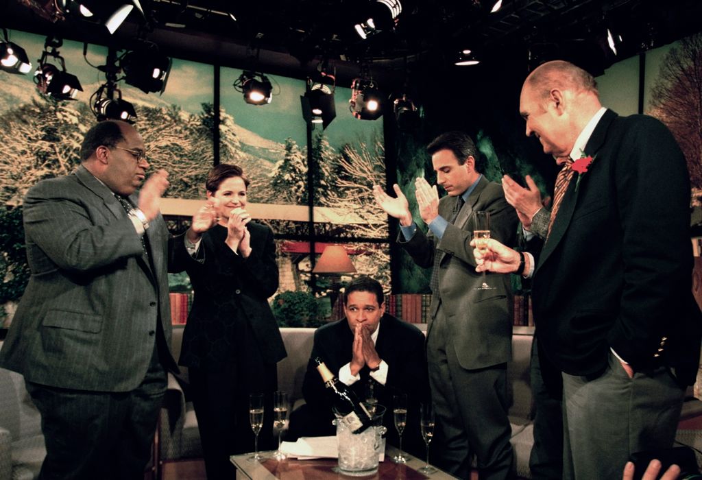 Al Roker, Katie Couric, Bryant Gumbel, Matt Lauer and Willard Scott on set during Bryant Gumbel's last show in 1997