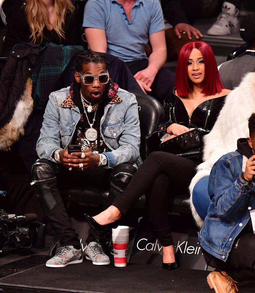 Offset and Cardi B attend New York Knicks Vs. Brooklyn Nets game at Barclays Center of Brooklyn on March 12, 2017 in New York City.