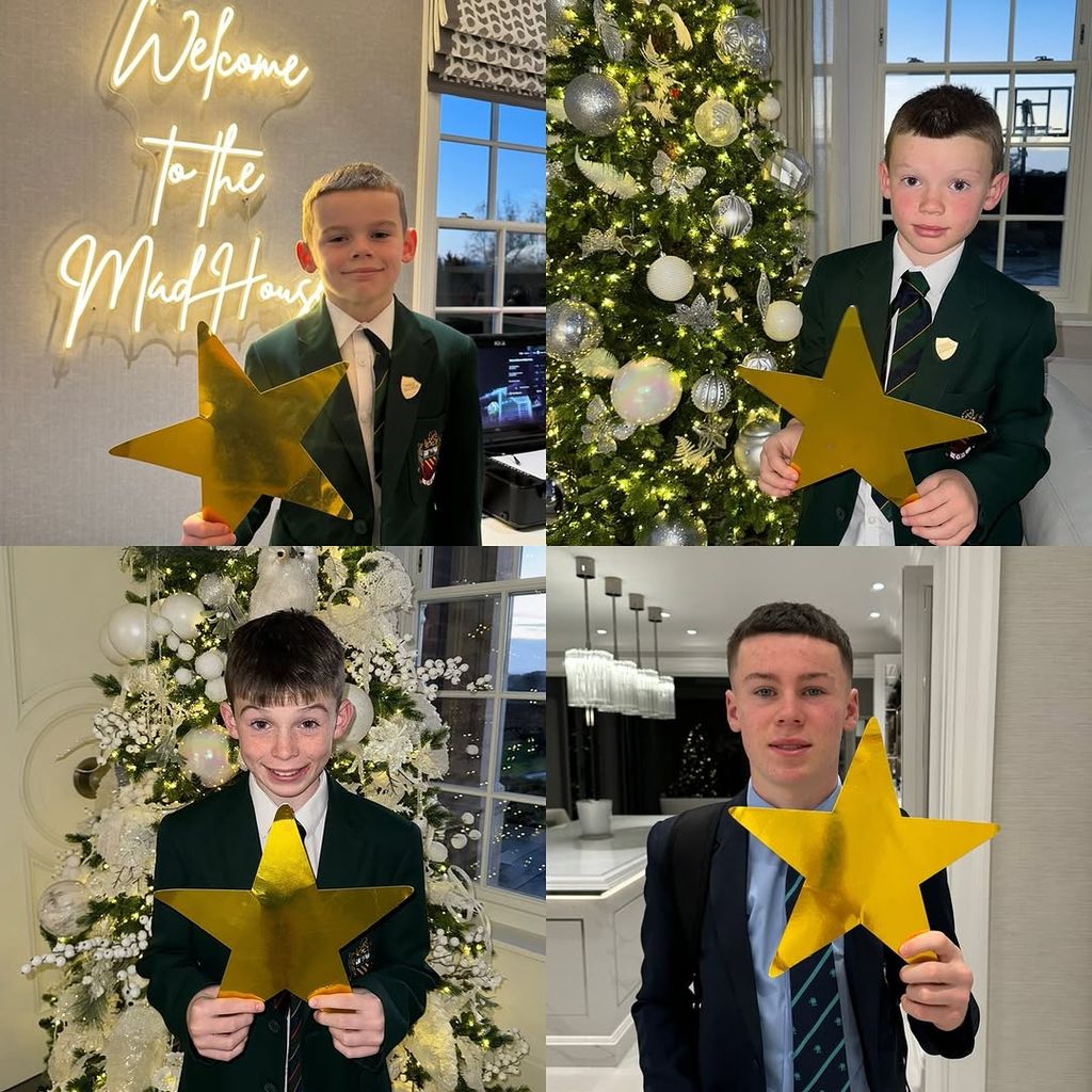 Coleen Rooney's sons holding up gold stars in front of Christmas trees