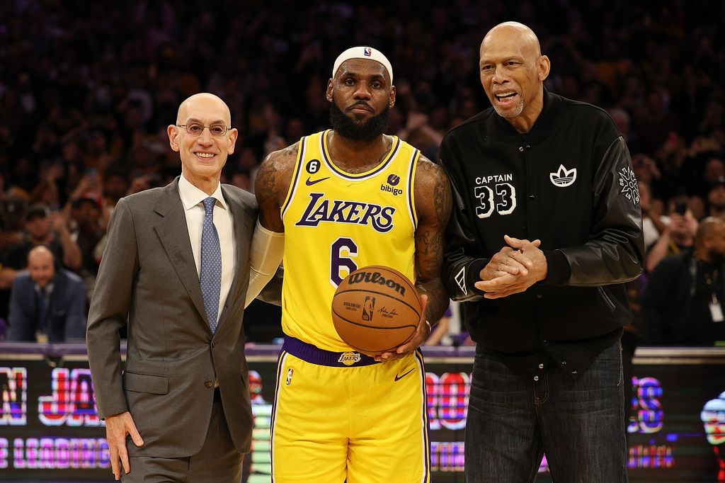 NBA Commissioner Adam Silver, LeBron James and Kareem Abdul-Jabbar