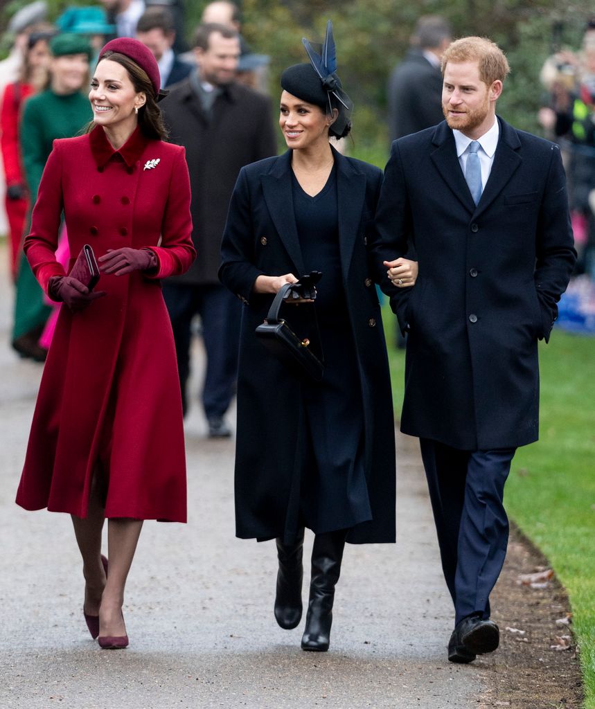 kate with Prince Harry and Meghan walking down path