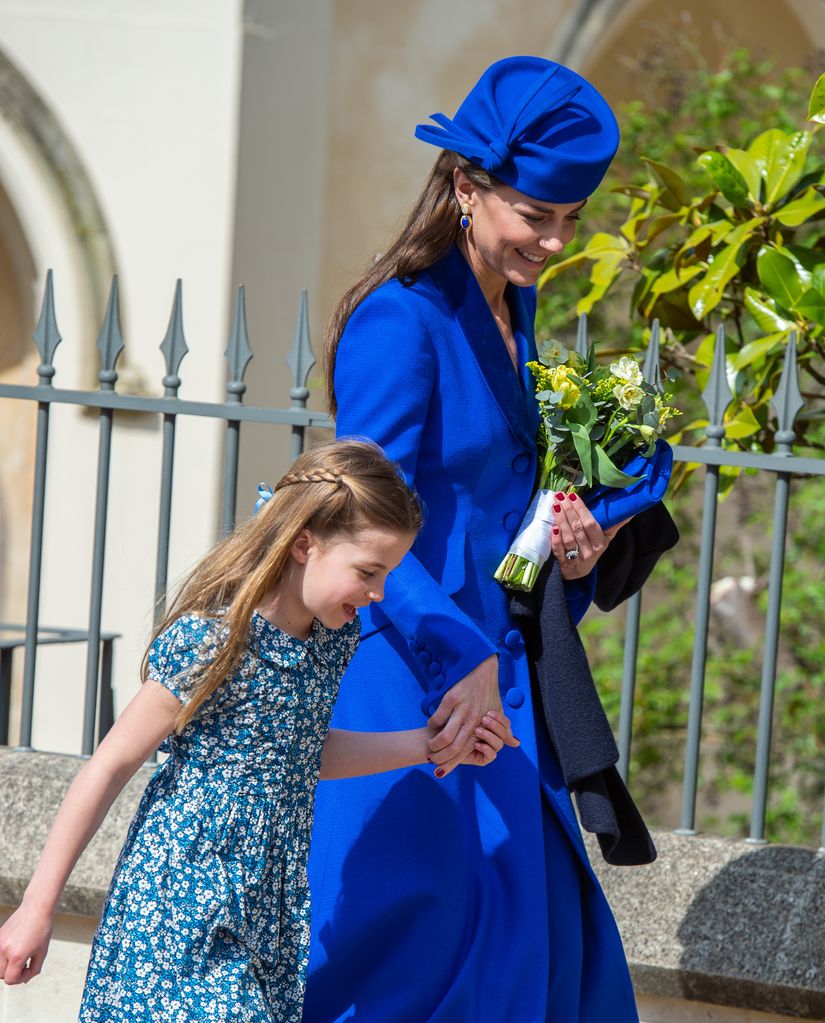 Catherine, Princess of Wales and Princess Charlotte attend the Easter Mattins Service at Windsor Castle on April 9, 2023 in Windsor, England.