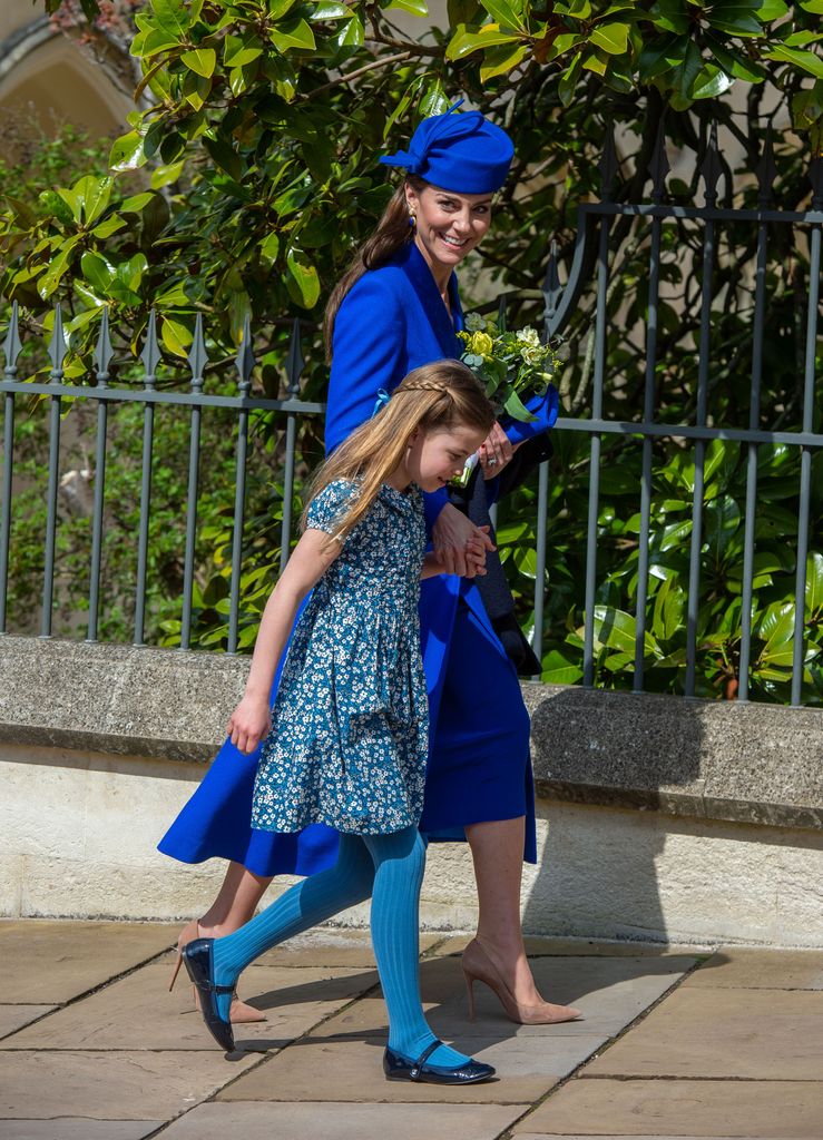Catherine, Princess of Wales and Princess Charlotte attend the Easter Mattins Service at Windsor Castle on April 9, 2023 in Windsor, England. 
