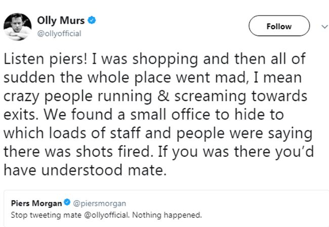 olly murs piers morgan oxford circus terror scare twitter