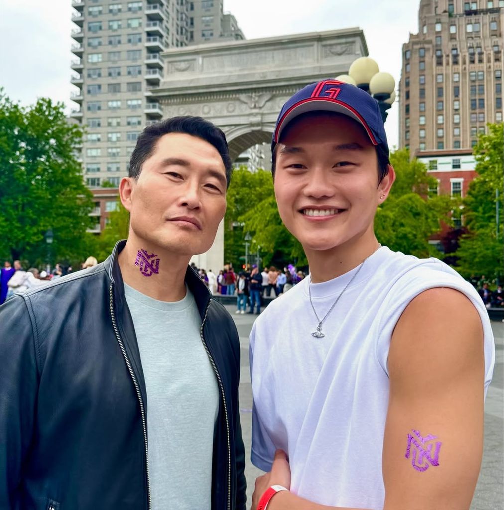 Daniel Dae Kim poses with son Jackson Kim in Washington Square Park
