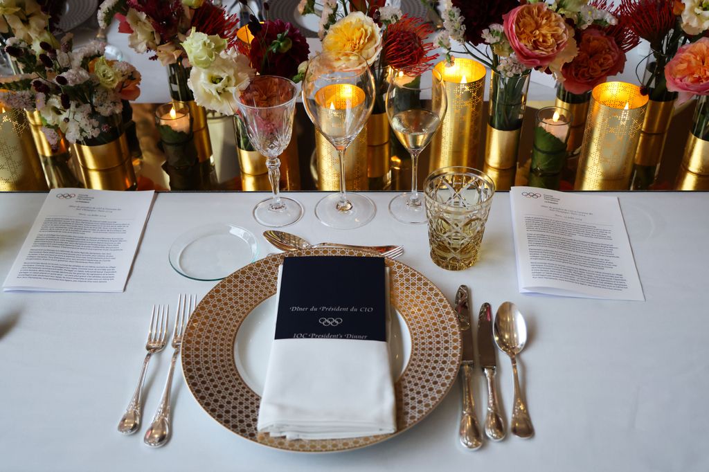 A guest's seat is pictured in the atrium of the Louvre Museum prior to a gala dinner hosted by the International Olympic Committee 