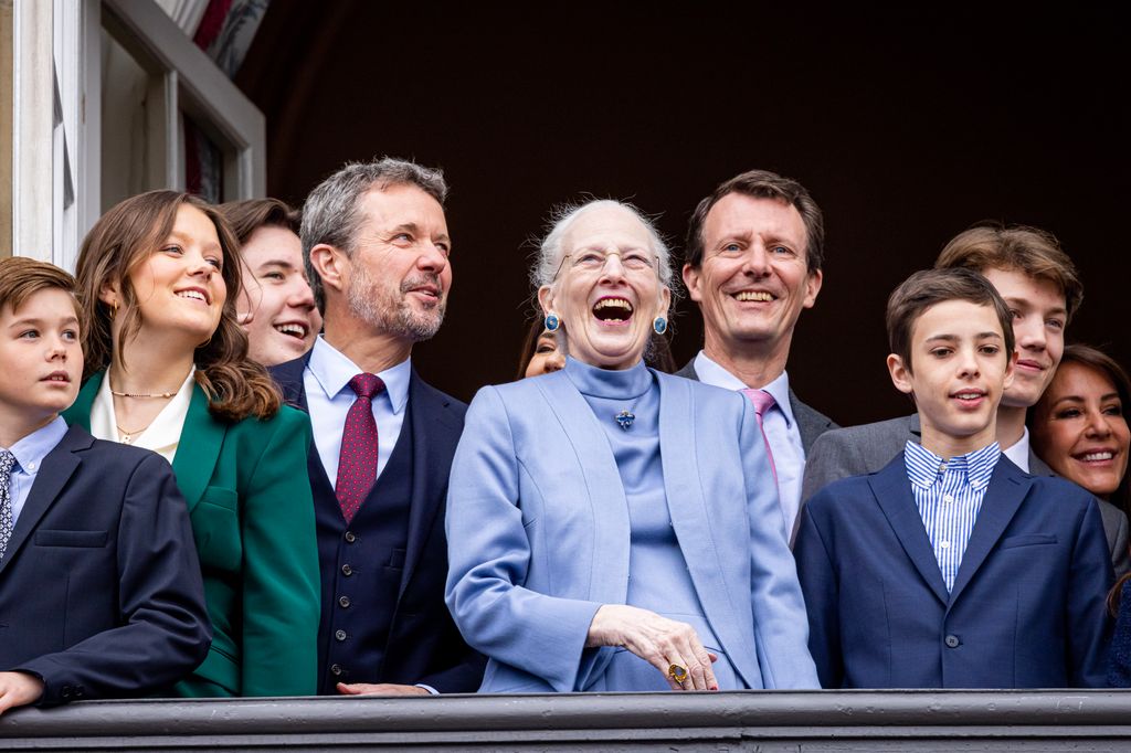 Prince Vincent of Denmark, Princess Isabella of Denmark, Crown Prince Frederik of Denmark, Queen Margrethe of Denmark, Prince Joachim of Denmark and other members of the royal family are seen at the balcony of Amalienborg Palace at the 83th birthday of th