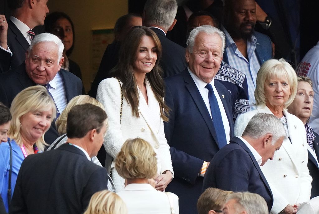 The Princess of Wales in the stands with Bill Beaumont, the chairperson of World Rugby (right) and his wife Lady Hilary Beaumont