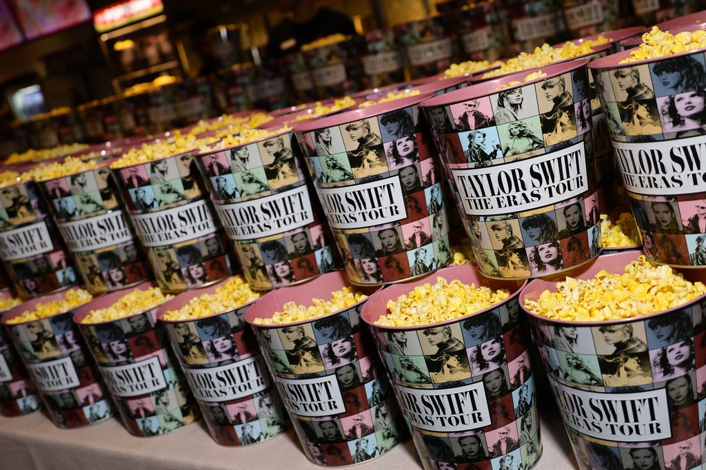 Displays and popcorn are pictured during "Taylor Swift: The Eras Tour" Concert Movie World Premiere