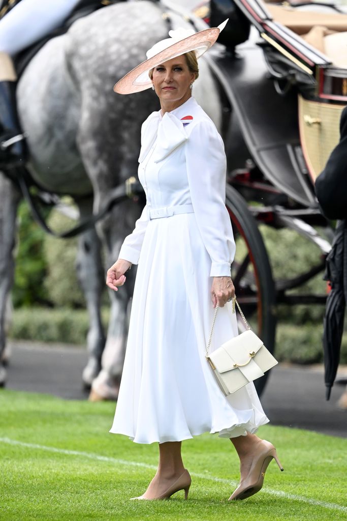 The Duchess of Edinburgh in a white shirt dress with a bow at day two of Royal Ascot 2023