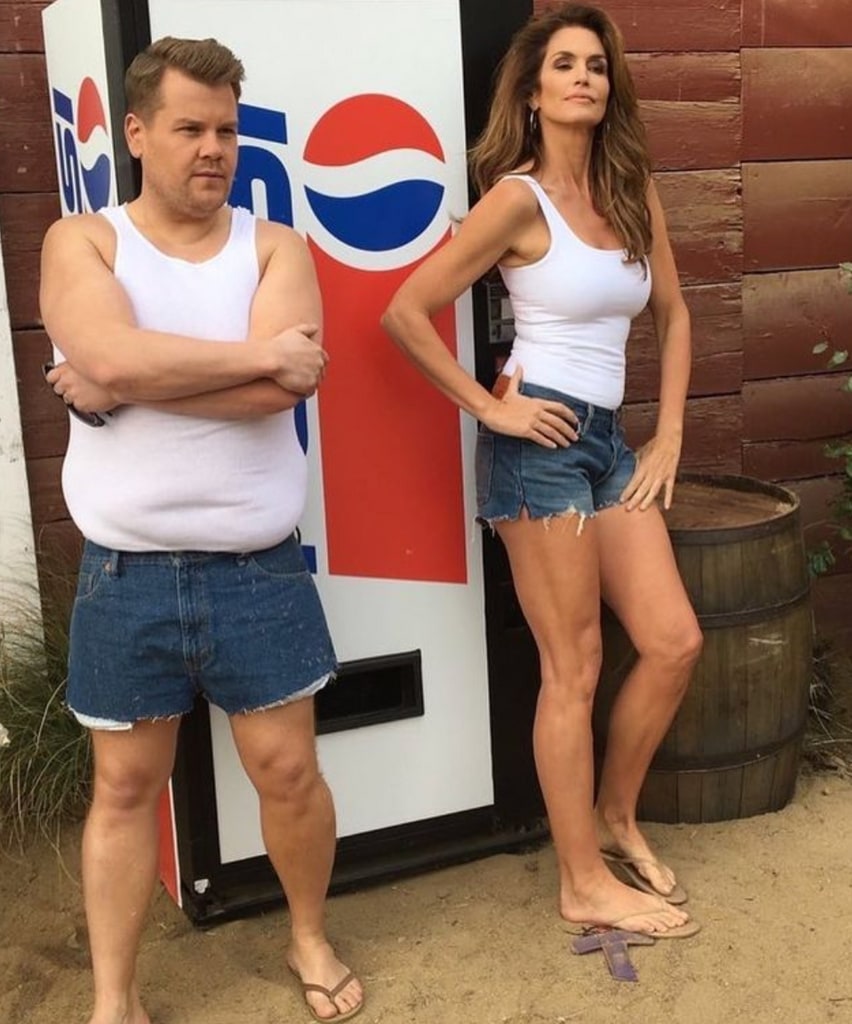 Cindy Crawford recreating her iconic Pepsi commercial with James Corden